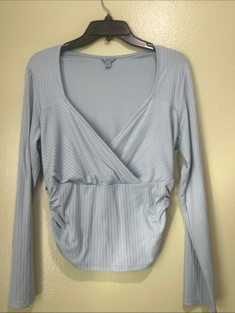 Light Blue Ribbed Wrap Long-Sleeve Top